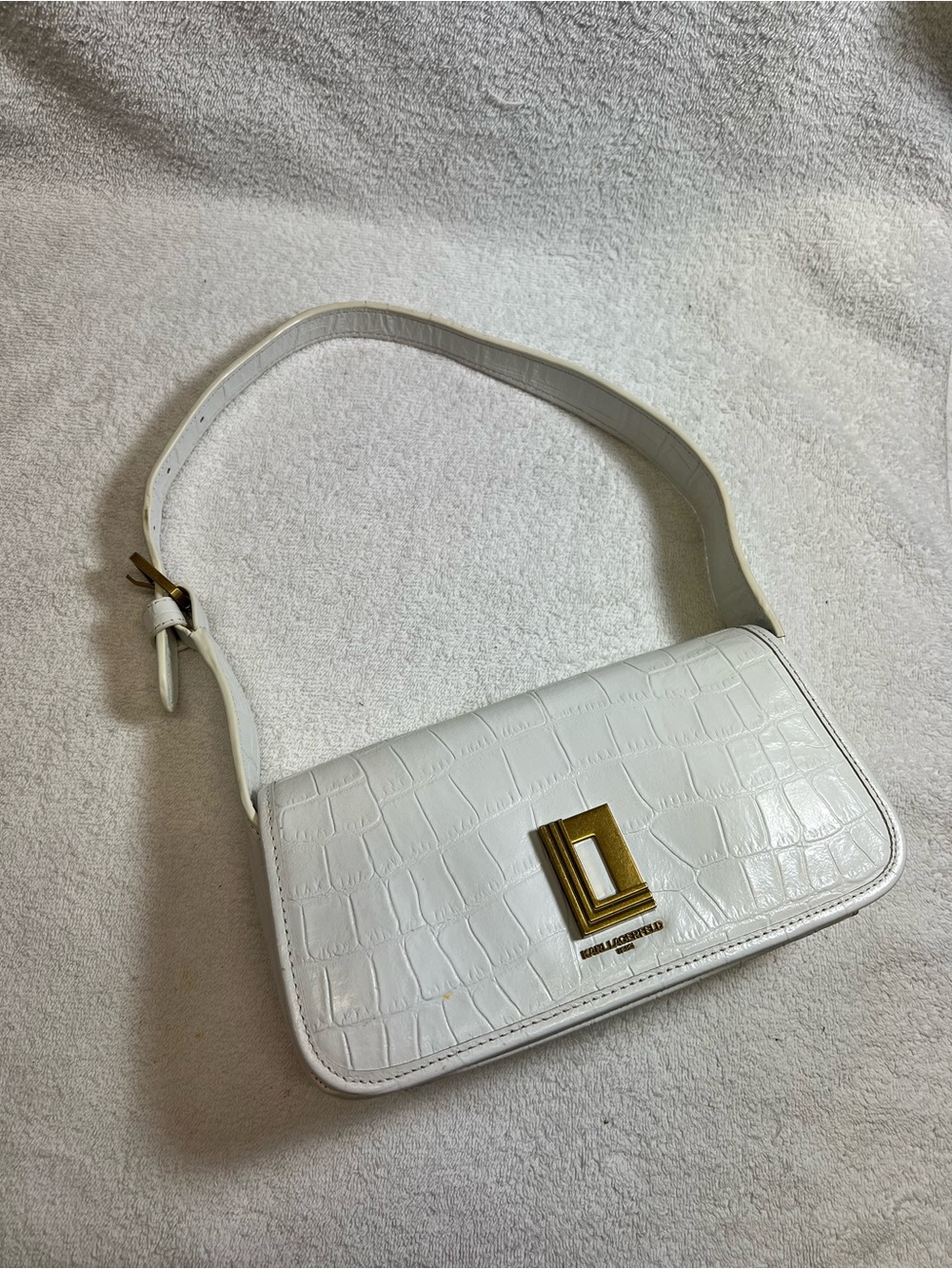 Karl Lagerfeld White Leather Croc-Embossed Shoulder Bag Purse